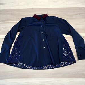 Made in Japan Blue Floral Lace Inset Long Sleeve Collared Shirt Women's Size 2